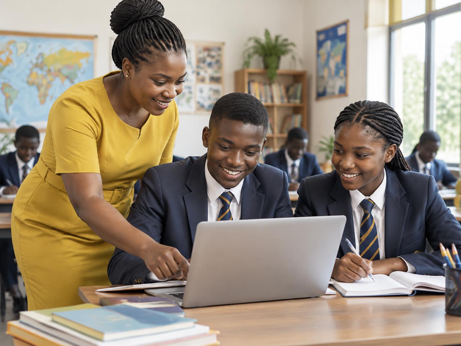 A teacher guiding two students as they learn together